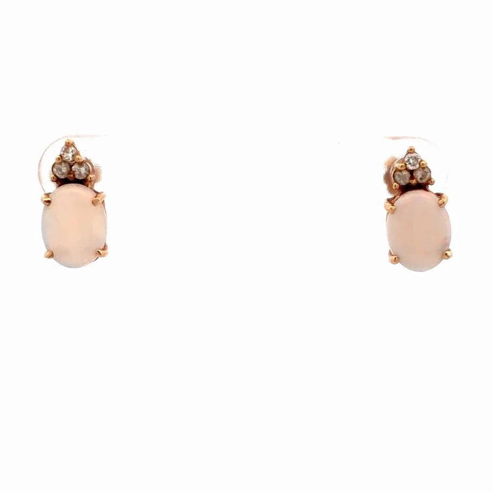 Estate 14K Yellow Gold Oval Opal Cabochon Diamond Accented Stud Earrings